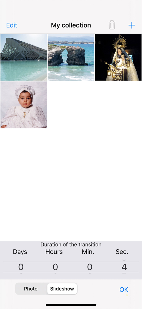 Standby Alarm Clock - Interface for selecting personal photos and setting slideshow transition duration in the app