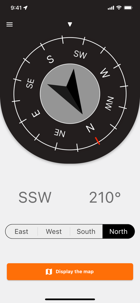 NSEW Compass - Bússola digital minimalista exibindo orientação sudoeste de 210 graus
