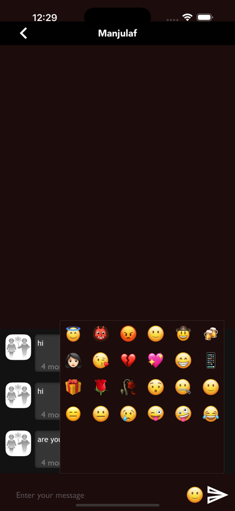 Marriage Proposals Sri Lanka - In-app chat interface of Marriage Proposals Sri Lanka featuring an emoji selection menu for communication between users.