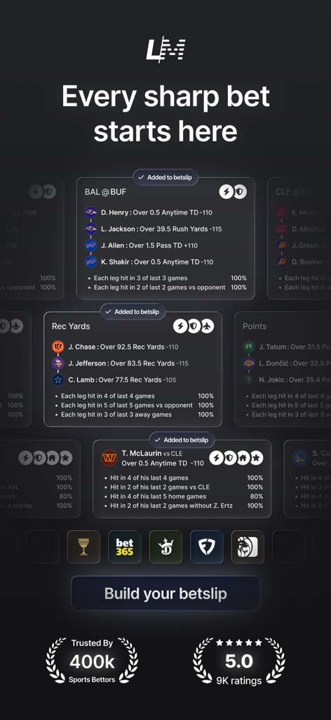 Linemate app interface showing data backed player prop recommendations and sports betting insights.