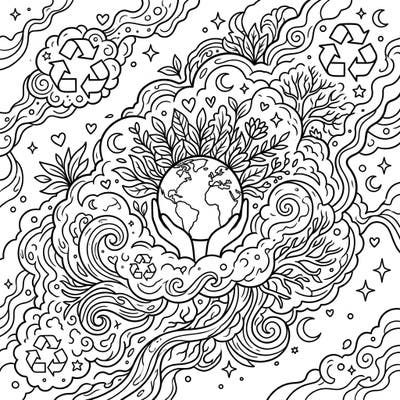 Dive into a captivating cosmic journey with this Earth Day coloring page, designed especially for teens. Featuring nebulae-inspired swirls, hands nurturing our planet, and symbols of recycling, it's a powerful statement for environmental protection.