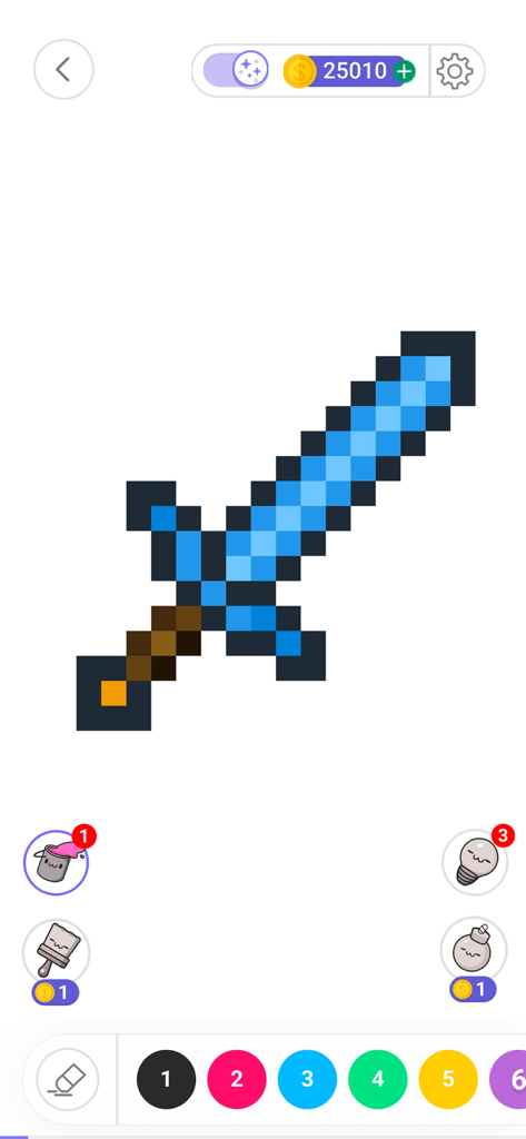 Gameplay screen of Color by Number app showing a blue pixel art sword with a numbered color palette