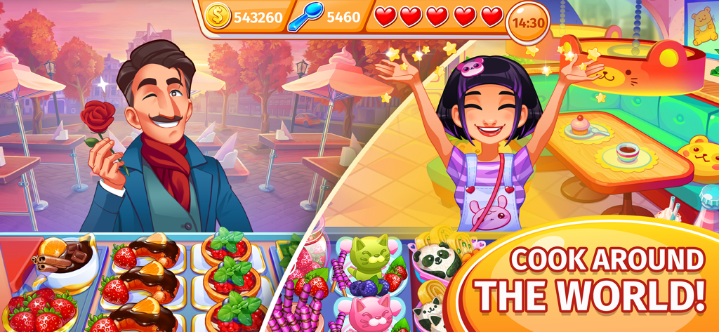 Vibrant gameplay scene from Cooking Craze showing international desserts and happy characters with the text Cook Around the World.