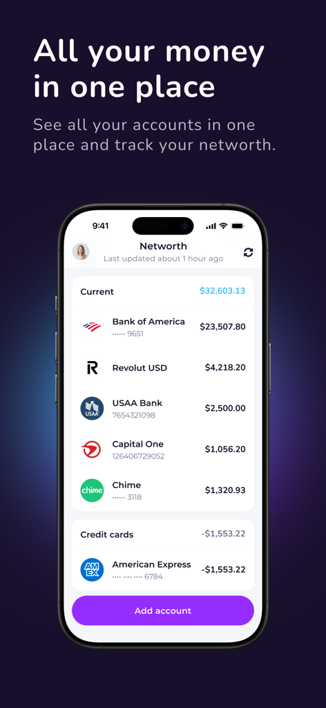 Mobile phone screen showing the Emma app net worth dashboard with connected bank and credit card accounts like Bank of America and Revolut