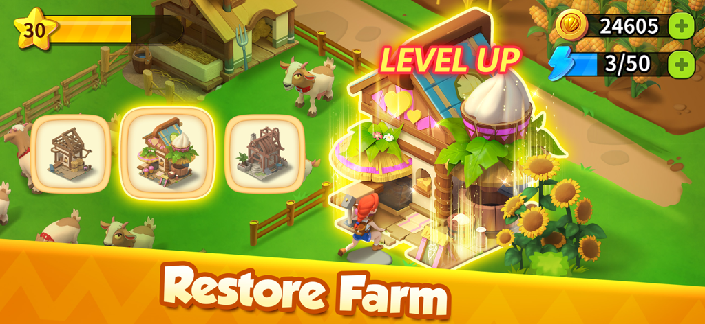 Gameplay von Family Farm Adventure mit einem Level-Up-Gebäude und Optionen zur Farmwiederherstellung