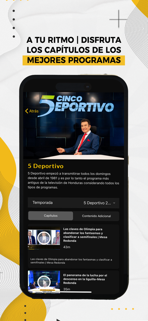Televicentro app interface showing episodes of the sports program Cinco Deportivo