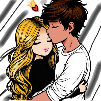 a realistic couple boy and girl hugging and kissing