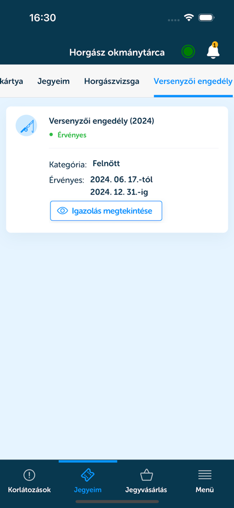 Screenshot of the HORGÁSZ app showing a valid digital fishing license in the digital document wallet section