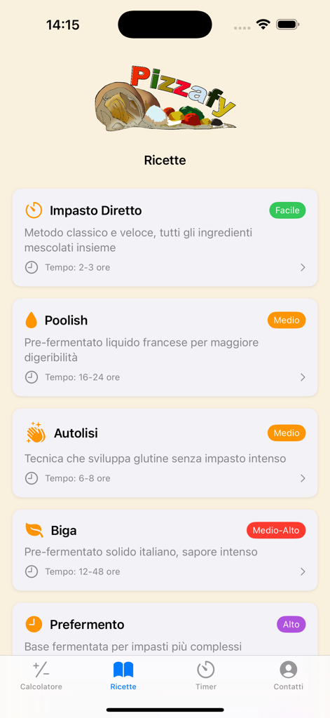 Una lista de métodos de preparación de masa de pizza en la aplicación Pizzafy, que incluyen Poolish, Biga y Autolisi
