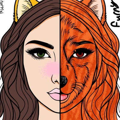 split face realistic woman and wolf