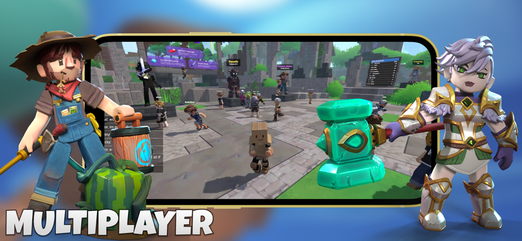 Jugabilidad multijugador de Airship BedWars 2 con avatares de personajes personalizados y una sala de espera del juego