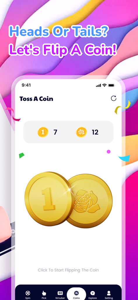 Wheel Spinner: Finger Chooser - Wheel Spinner app screen showing the coin toss feature for heads or tails decisions.