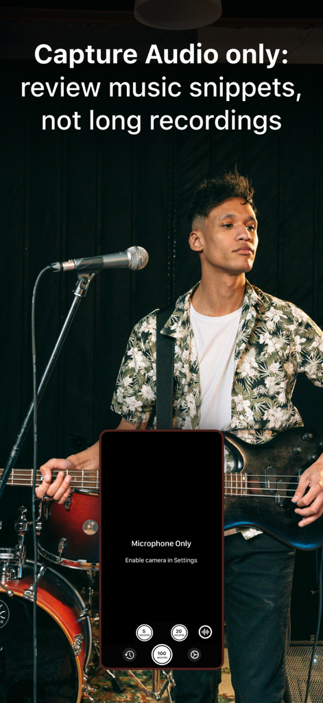 Video Buffer Action Camera - A musician playing guitar with a smartphone interface overlay showing the audio capture mode for recording music snippets.
