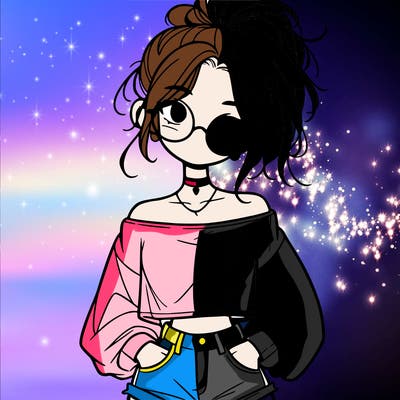 girl with a messy ponytail glasses a baggy crop top and jean shorts