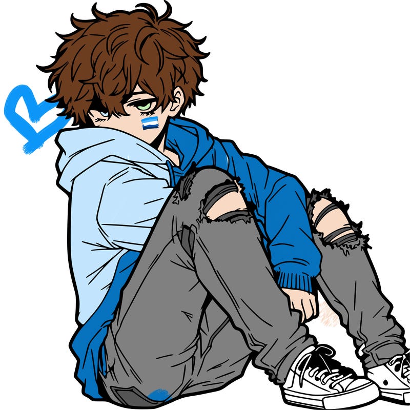 a male hoddie ripped jeans messy hair anime