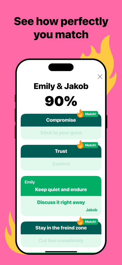 QinQai: Choose One for Couples - Aplicativo QinQai mostrando resultados de compatibilidade de relacionamento e uma pontuação de 90 por cento para um casal.