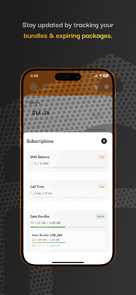 QCELL - QCELL app interface showing mobile subscriptions including data bundles and SMS balance status