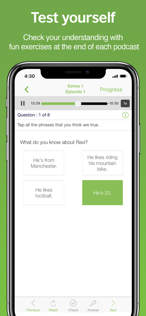 LearnEnglish Podcast - Screenshot of LearnEnglish Podcast app showing an interactive multiple choice comprehension quiz for an English learning episode