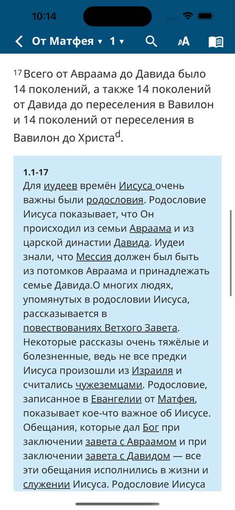 Святая Библия, Pусский перевод - Interface do aplicativo da Bíblia Sagrada Russa mostrando o Evangelho de Mateus com notas de estudo