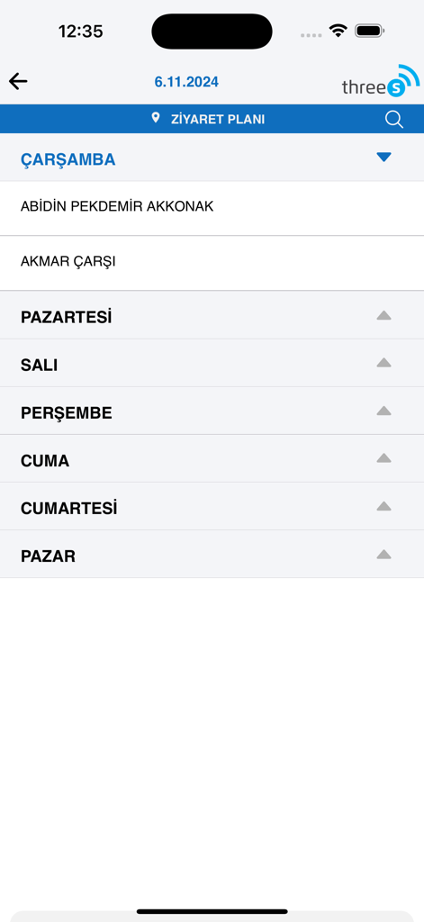 3S Merch Plus - A weekly visit plan interface in the 3S Merch Plus mobile app listing retail store locations for daily field visits
