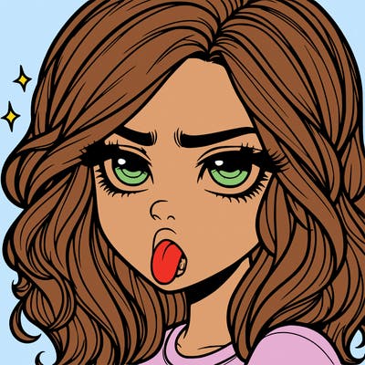 realistic annoyed girl with tongue out with waves hair