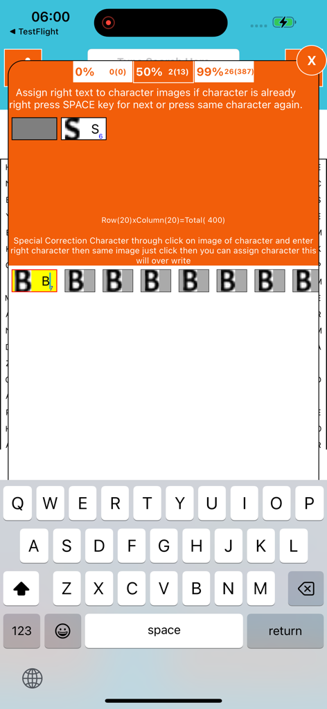 Word Search Solver AI Omniglot - Mobile app interface for verifying and correcting characters detected by the AI word search solver.