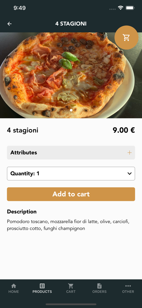 nana banana - Pantalla de la app móvil que muestra una pizza 4 Stagioni con precio y botón para añadir al carrito