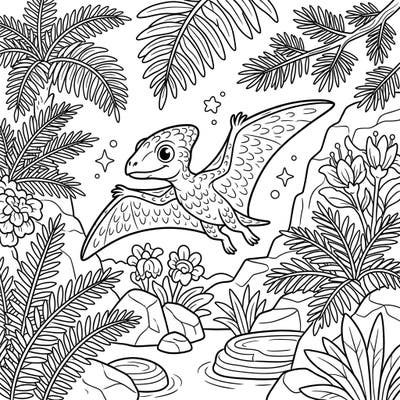 Fly back to the Jurassic era with this delightful Jeholopterus pterosaur coloring page. This charming ancient creature is depicted soaring through a richly detailed prehistoric landscape, offering endless creative possibilities.