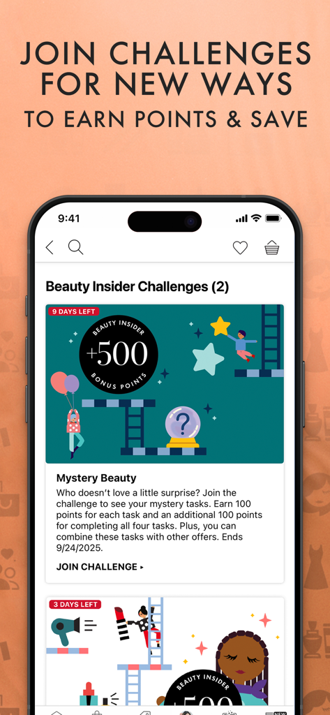 Sephora US: Makeup & Skincare - Sephora mobile app screen showing Beauty Insider Challenges where users can earn 500 bonus points