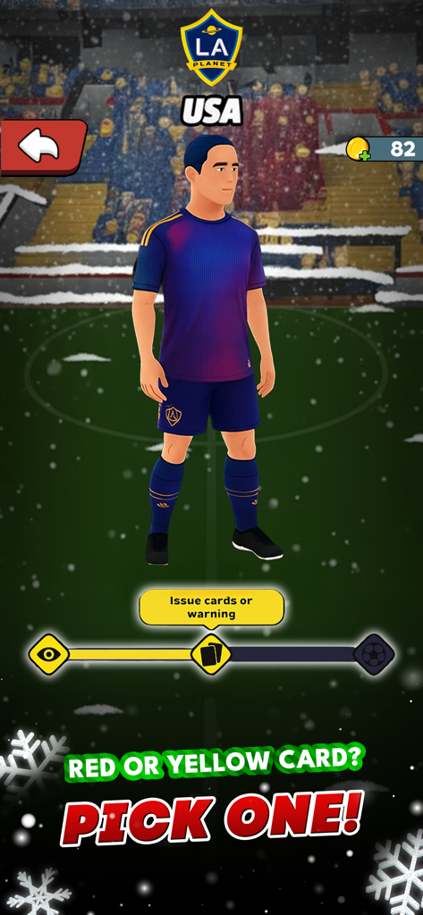 Referee Simulator 3D - Um jogador de futebol 3D em um campo nevado com um prompt para o árbitro escolher entre um cartão vermelho ou amarelo.