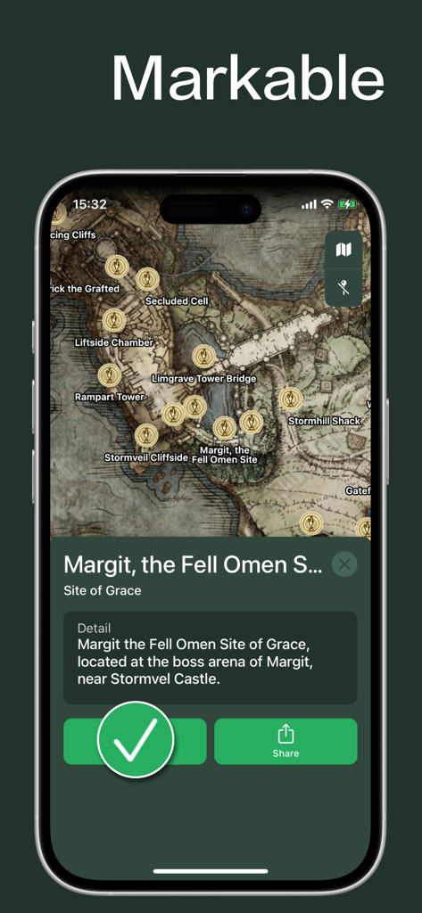 Captura de pantalla de la aplicación Mapa de Elden Ring mostrando una Gracia Site seleccionada en un mapa interactivo con una gran marca verde para marcarla como completada.