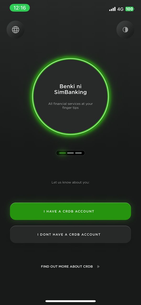 CRDB BANK SIMBANKING BURUNDI - Welcome screen of the CRDB Bank SimBanking Burundi mobile app featuring account login and registration buttons.