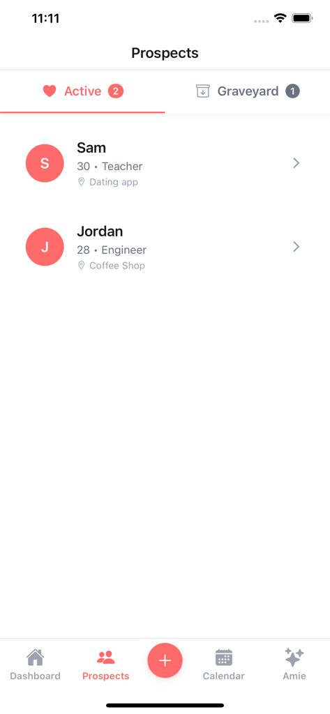 Heartlog - Dating Journal - Screenshot of the Heartlog app showing a list of active dating prospects including names ages and occupations