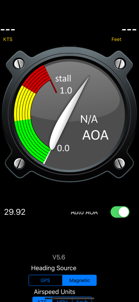 AHRS Utility - Digital Angle of Attack gauge and cockpit configuration settings in the AHRS Utility app.