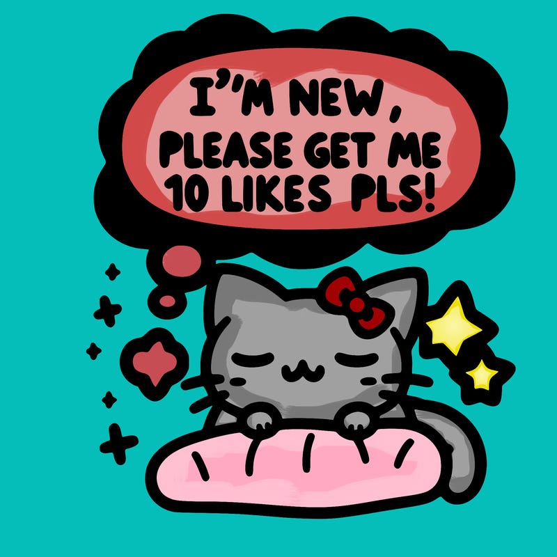 kitty taking a nap dream talking and saying "i'm new, please get me at least 10 likes pls!!"