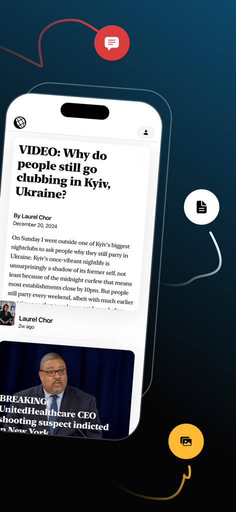 Noosphere: Journalism Direct - Noosphere app interface showing articles from field reporters on a mobile screen