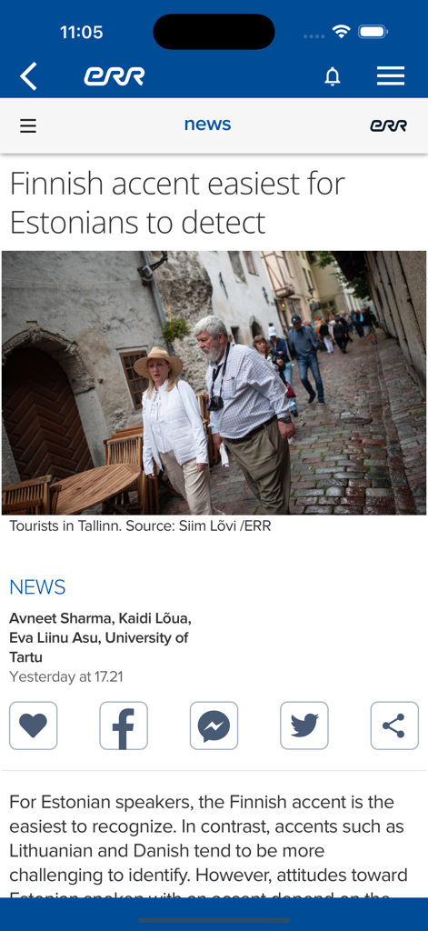ERR News - L'app mobile ERR News che visualizza un articolo sugli accenti finlandesi e i turisti a Tallinn