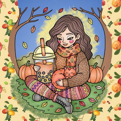 a autumn girl with boba and a cat