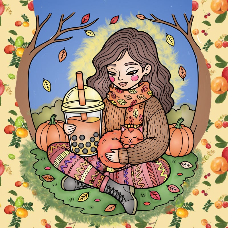 a autumn girl with boba and a cat