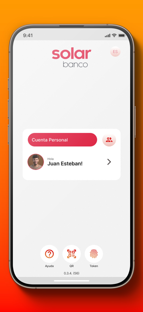Solar Banco - Solar Banco mobile banking app home screen featuring user profile and personal account access.