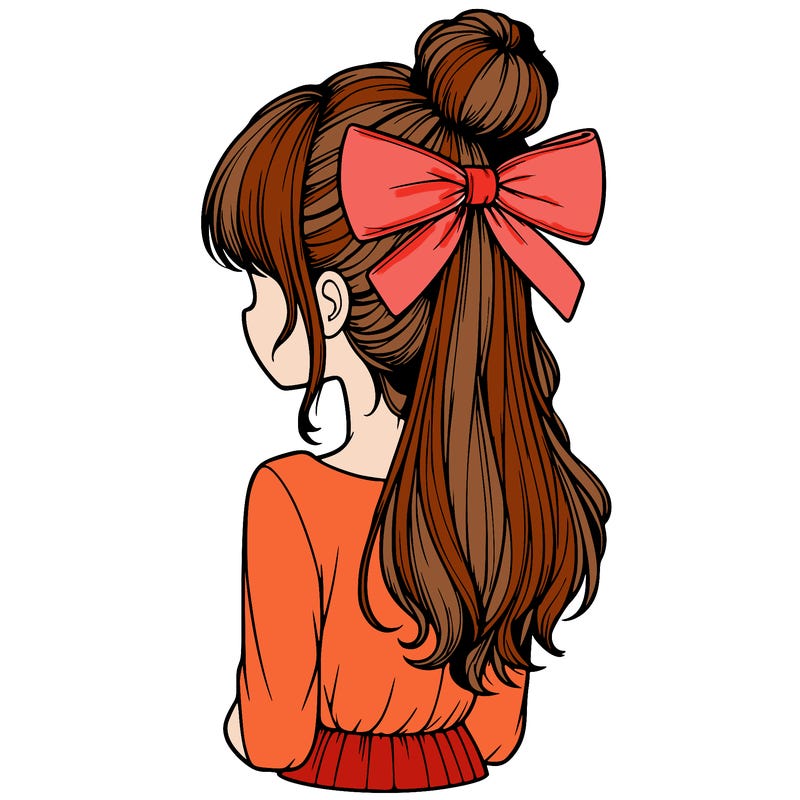 realistic girl  with hip length hair a bun and a big bow on the back of head