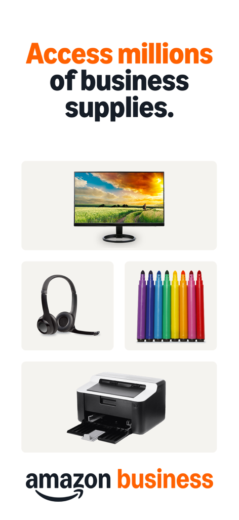 Amazon Business: B2B Shopping - Una selección de suministros de empresa que incluye un monitor, auriculares, marcadores y una impresora para compras profesionales.