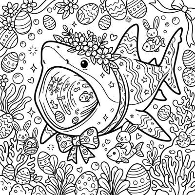 Get ready for a unique Easter adventure with this delightful Basking Shark coloring page! Adorned with a floral crown and surrounded by festive Easter eggs and playful bunnies, it's a truly charming scene.