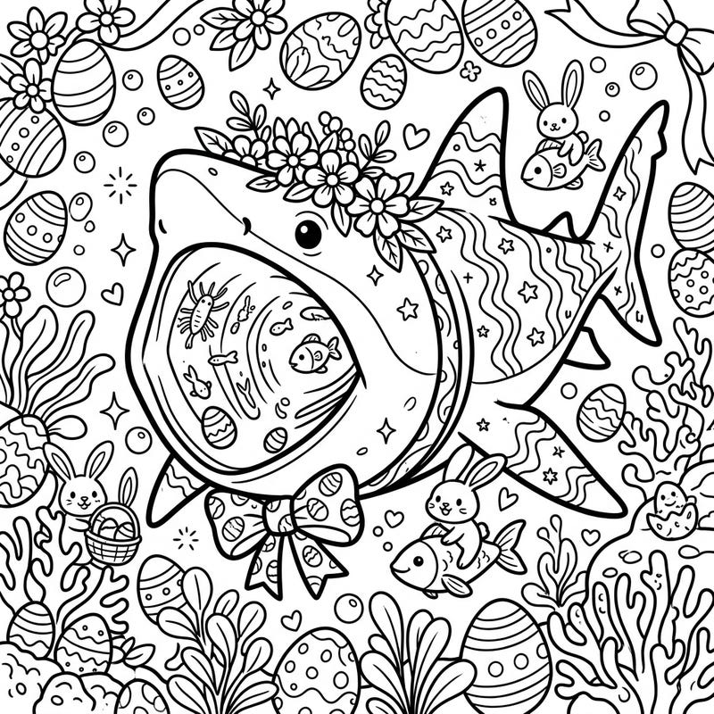 Get ready for a unique Easter adventure with this delightful Basking Shark coloring page! Adorned with a floral crown and surrounded by festive Easter eggs and playful bunnies, it's a truly charming scene.