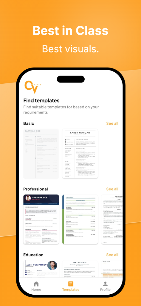CV Maker - Professional Resume - Interfaz de una aplicación móvil mostrando plantillas de currículum profesional para estudiantes y profesionales
