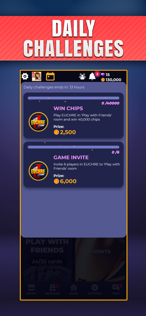 Euchre.com daily challenges screen showing win chips and game invite tasks with coin rewards.