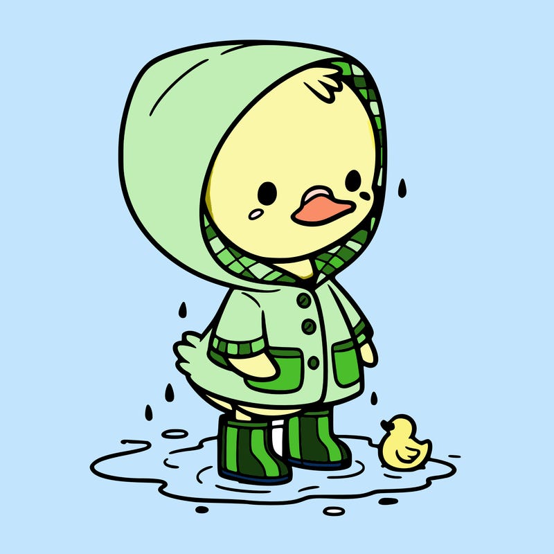 baby duck in a rain coat and boots, in a puddle while it’s raining