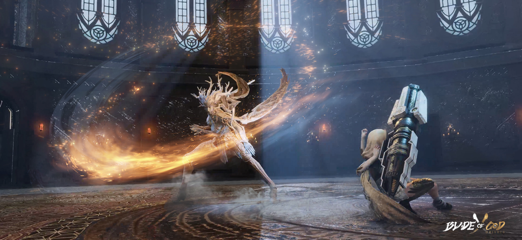 Blade of God X: Orisols - A cinematic combat scene in Blade of God X Orisols showing two characters fighting in a dark gothic hall with glowing particle effects.