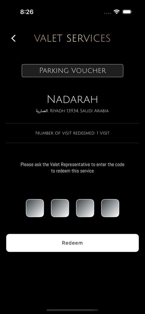 Valet parking voucher redemption screen on the ZAPS Premium app