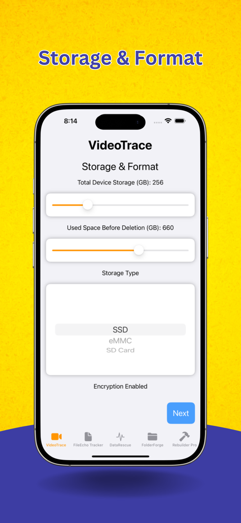 Storage and Format screen within the Recovery Video and File app showing sliders for device storage and used space
